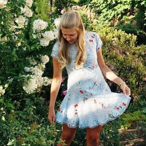Aijek Blue Floral Eyelet Broderie Mini Dress Open Tie Back Size 1 XS Cottagecore